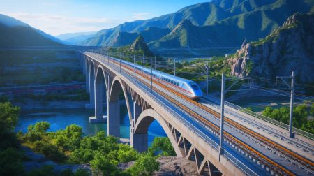 Illustration de la construction du pont de Caijiagou, un viaduc de 953 mètres pour la LGV Chongqing–Wanzhou.