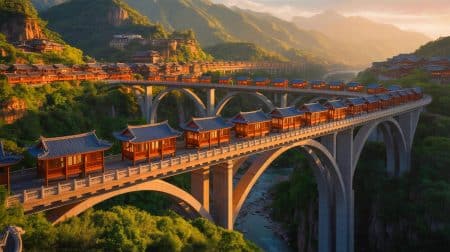 Illustration de maisons suspendues sur le viaduc de la rivière Liziang, intégrées dans un projet d'urbanisation innovant.